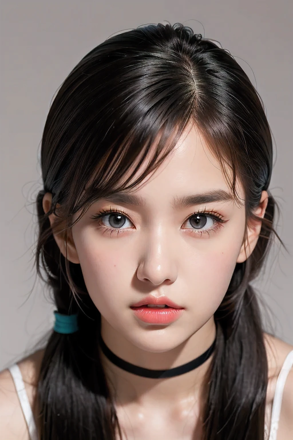 Cosmetics commercial style,Commercial filming studio,close up face,Black Dresses,The highest image quality, High quality, the background is clear,Beautiful woman, Japanese,Ultra-detailed, finely detail, hight resolution, 8k Wallpaper, Perfect dynamic composition, Beautiful detailed eyes , Detailed, Detailed eyes, Detailed skin, Beautiful skin, 超hight resolution, (reality: 1.4),Very beautiful woman, Slightly younger face, Beautiful skin, Slender, (Ultra photo realsisim), (hight resolution), (8k), (Very detailed) (beautifully detailed eyes), (super detailed), (Detailed face), view the viewer, Fine details, Detailed face, Staring straight ahead, Staring straight ahead, photos realistic, Bright lighting, Professional Lighting, Black hair,poneyTail,a baby face,sixteen years old,Hairstyle: ponytail,Long ponytail hairstyle,slight smile,Beautiful Japanese KPOP idol photo, hair style is ponytail, my eyes are double and wide, baby face, smile and look straight ahead, Slender, small breasts,Close up face,