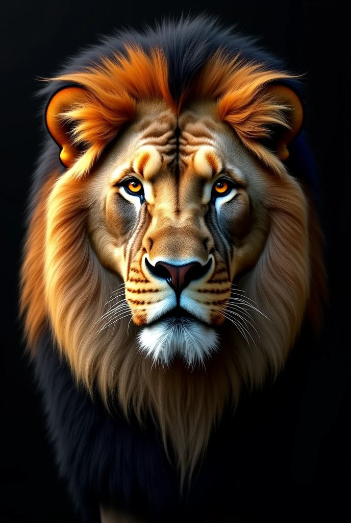 Realistic lion face, close up of lion's face, big mane, drawn mane, direct gaze, Black background