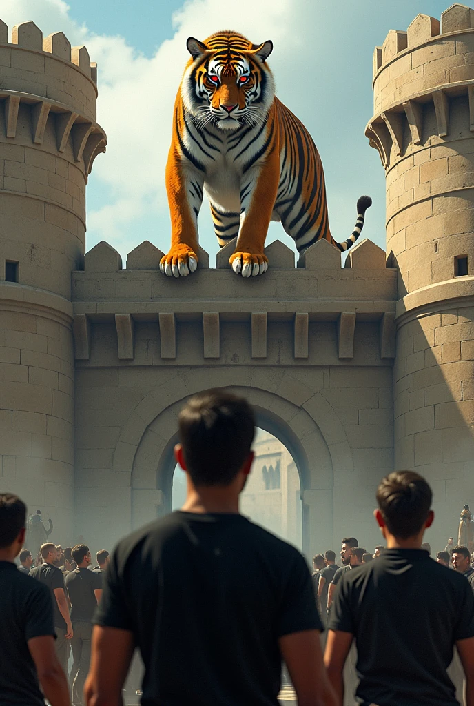 The tiger is standing on fort with red eyes man are coming to the tiger in hand black shirt