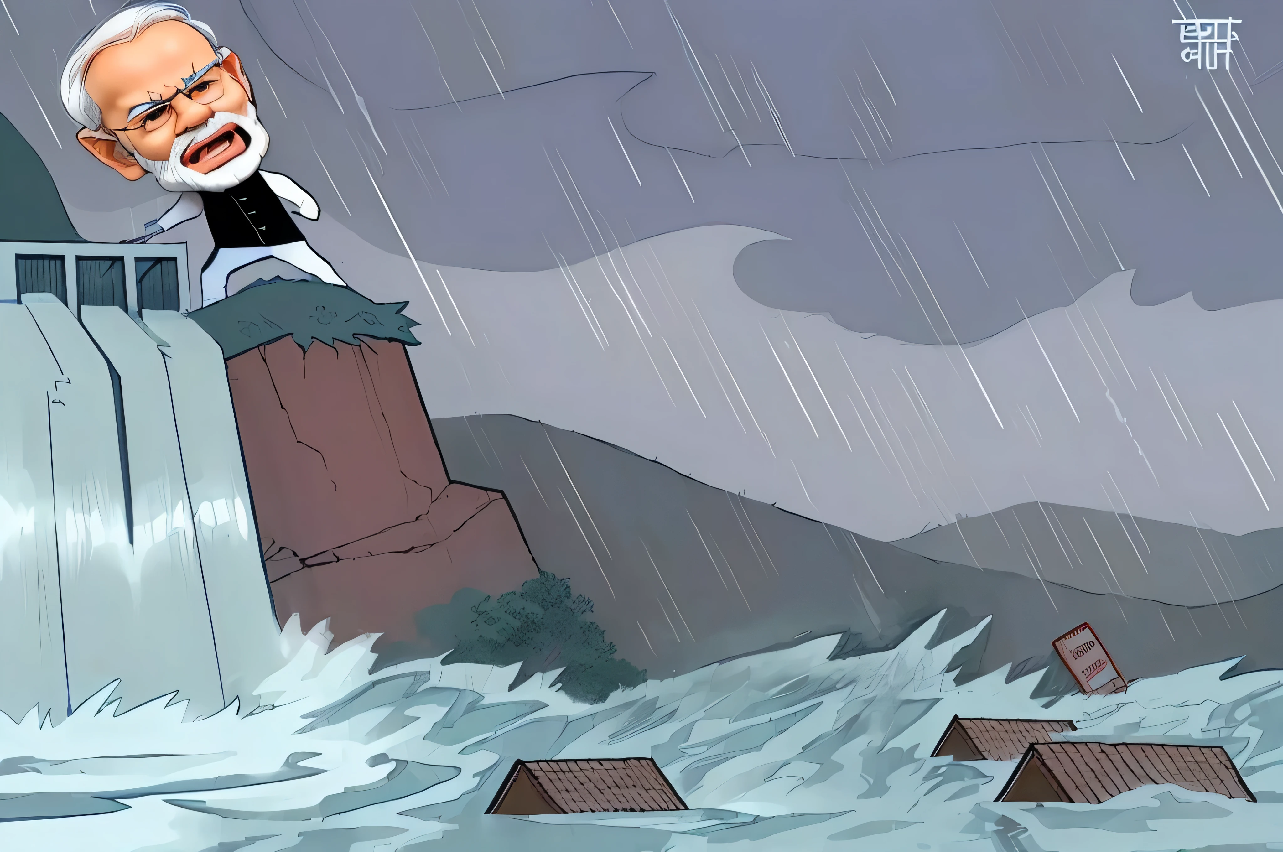 Indian Prime Minister Narendra Modi, in angry mood, Clear face, standing on top of a miniature Dam, Dark cloudy behind him, Villages in down are flooded with water from the Dam, Name board of Bangladesh floating in water.