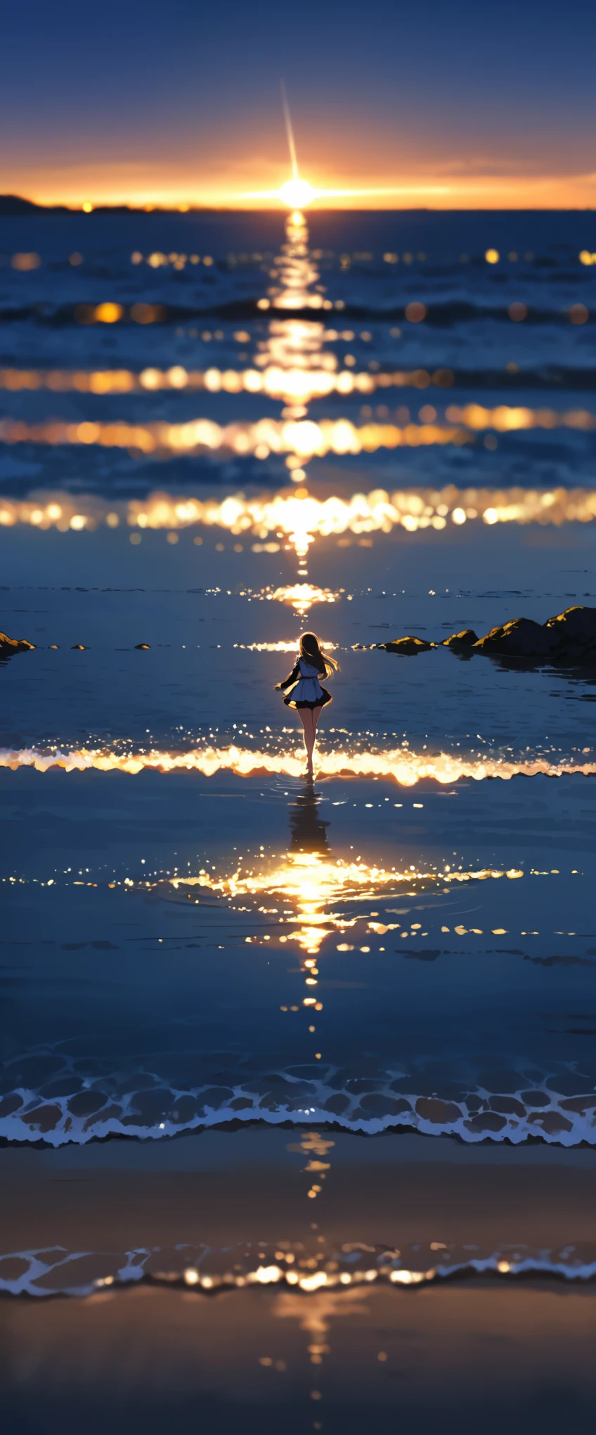 Japanese Girls、(Night view:1.2)、Thin clothes、pretty girl、Put one foot in the sea、Stand on tiptoe、landscape、Between the horizon and the sea、Look sideways、Ripples spread from the toes、Stand about 20 meters away、on the sea、The whole scene is shining、illumination、Blurred foreground,Motion Blur,Background blur,Sharp focus