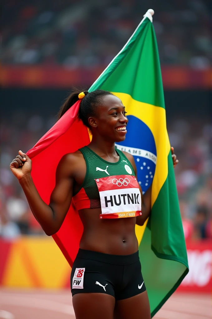 Refugee Olympic team athlete Perina Lokure Nakang hugging a flag