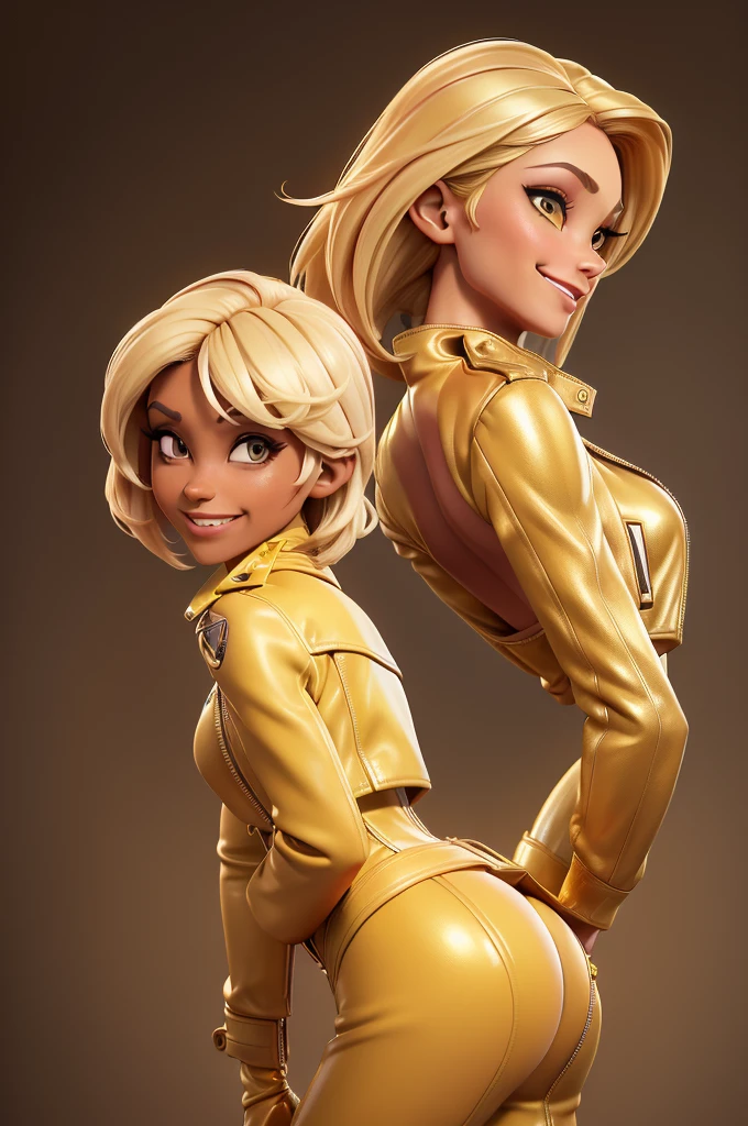 obra prima, melhor qualidade, ((only one woman,)) ((pixie lott, dark tan skin, blonde bob hair, heavy makeup eye shadow, sweet toothy smile,)) (((wearing thigh length dark yellow metallic leather jacket,))) (((jacket is zipped up, jacket covers waist and ass,))) ((jacket has stiff high collar,)) ((gold pvc gloves,)) body is very skinny, standing up, (((arched back, shoulders leaning way back, hips twisting, head tilted way back, chin up,))) ((camera side view, extreme closeup view of upper body,)) shallow depth of field, highres, HD, 8k, anatomically correct