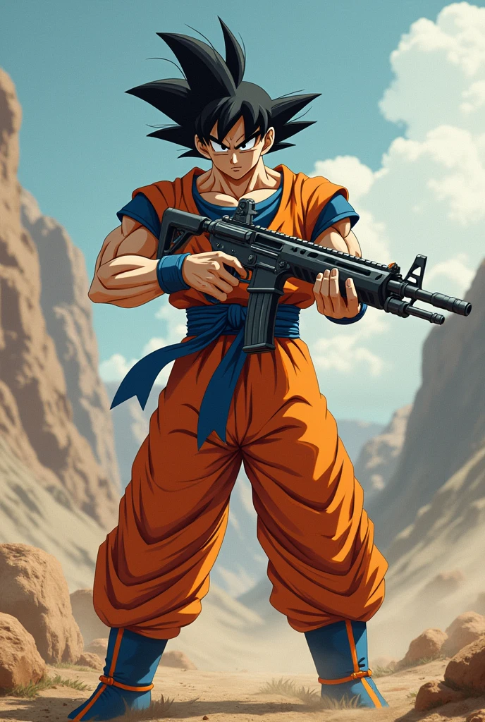 Creates an image of Goku with a firearm
