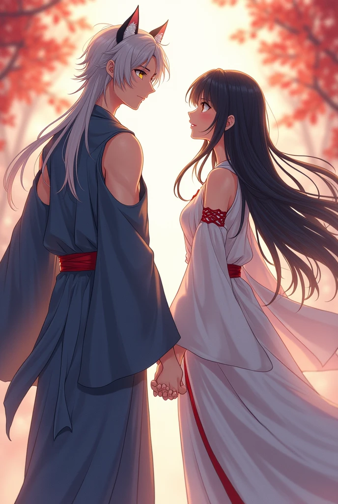 An anime man with long silver hair, cat ears and golden eyes and wears a hakama. (pants) blouses at the ankles, a jacket with sleeves "separate", un kosode (shirt), and an obi (belt) and a woman with very long black hair and bangs similar to Hinata Hyuga with brown eyes, She is wearing the traditional dress of a miko , which has remained essentially unchanged to this day, except for the lack of the shoulder seam with slits. Kikyō wore a hakui (tunica) blanca con soda-really (laces) red through the sleeves and open shoulders walking hand in hand and exchanging loving glances