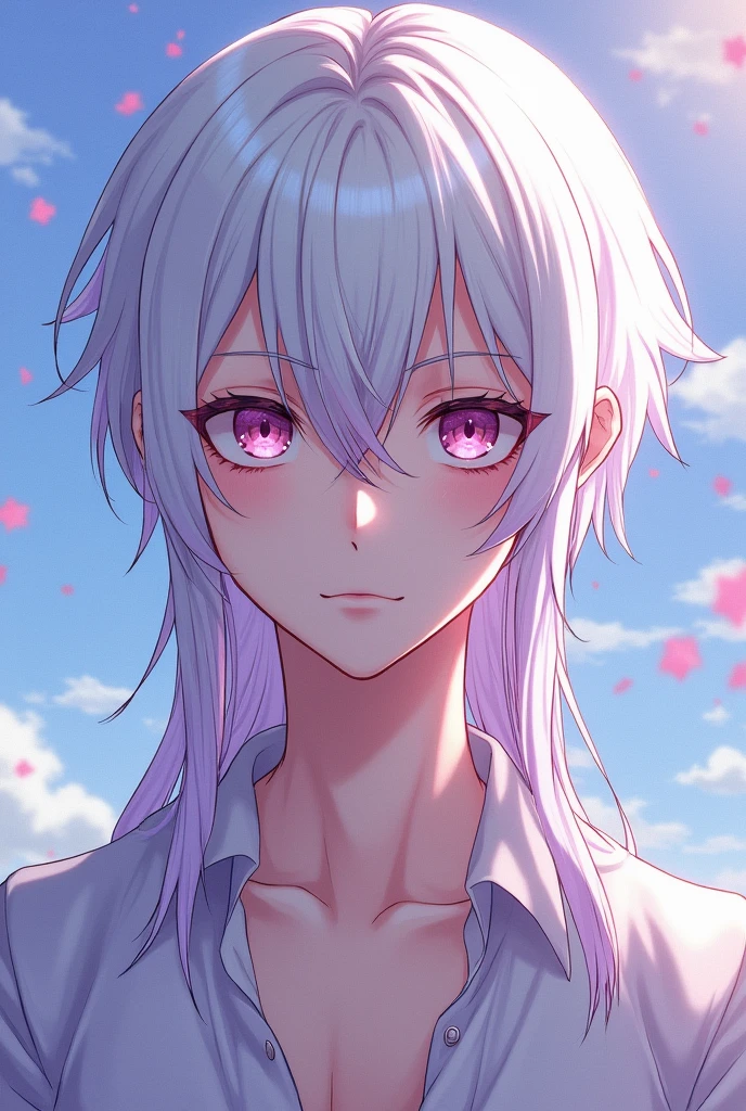 A BOY MALE GENDER,white hair,pink eyes,white eyelashes and eyebrows,with a calm, relaxed and calm expression,light skin tone,very beautiful,straight but long hair and violet highlights,that your appearance is more masculine ,all this in the drawing style of ONE PIECE
