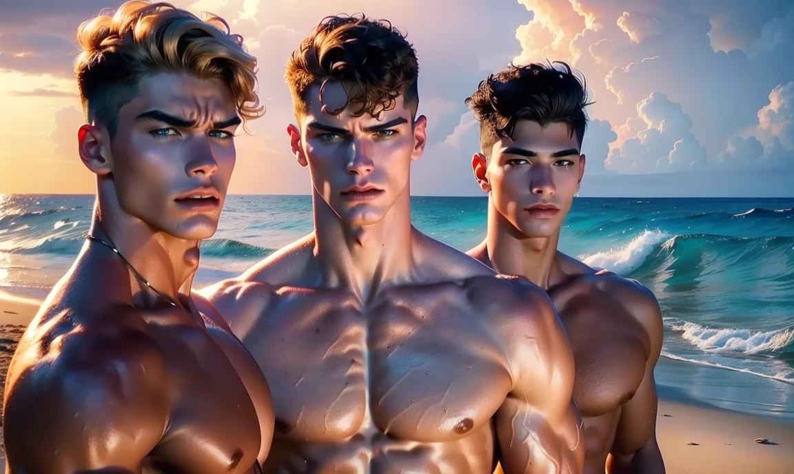 [((highly detailed, detailed eyes, detailed face, clear and realistic facial features, photorealistic, realistic light, cinematic)), ((((3 men)))), (((each man looks unique))), (((each man has a different natural hair color))), (((each man has different facial features))), (((each man has a different natural skin color))), ((((sexy male college-age jocks standing on the beach and looking angry or frustrated)))), ((wearing casual clothes)), ((beautiful deserted tropical island with a storm in background))]
