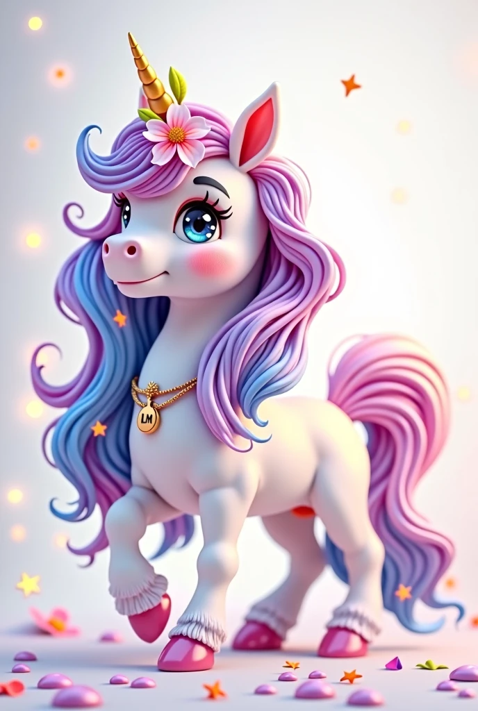 a white unicorn standing looking to the side, cute Disney Pixar style, cute face, O Unicórnio is on its side and standing looking sideways forward , showing all the unicorn, Loose, voluminous, flowing curly hair in lilac colors, Pink, yellow, Unripe, cerúleo, putridity, Unripe, hair and mane with all the colors of the rainbow, with a predominant strong lilac, em volta do cabelo pequenas flores Pinks forte com folhas Unripes e também estrelas, Dedicated gold chain with pendant and inside the pendant the delicate capital letters LM on the neck, BLUE eyes and the unicorn sparkles with some sparkles, Feema unicorn white background, Flying hair, very voluminous, golden tiara on delicate head white background and unicorn stands out from the background, O Unicórnio has sparkling sparkles in its hair, The Unicorn is fuller, The face of the little god, strong lilac hair with blue bangs, Pink, yellow, Unripe the opaque background png