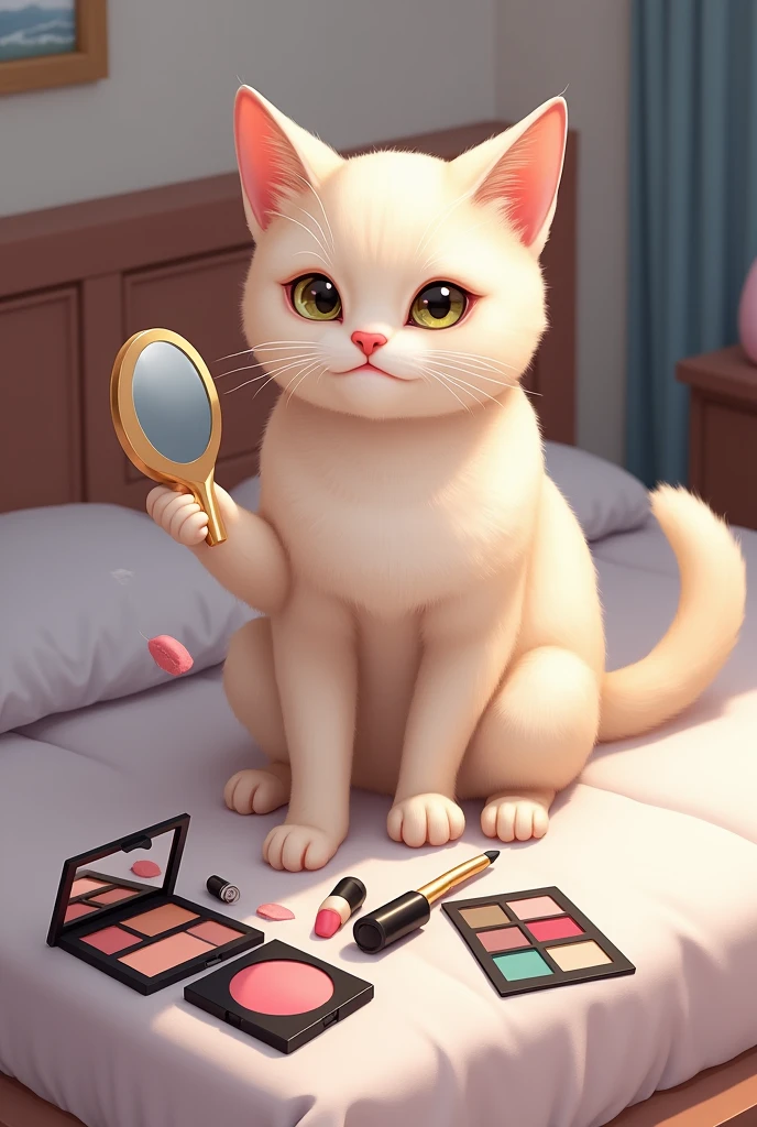 There is a cat. She is sitting on the bed. She has a mirror in her hand and a lipstick and there is makeup around her. She is makeup herself.
