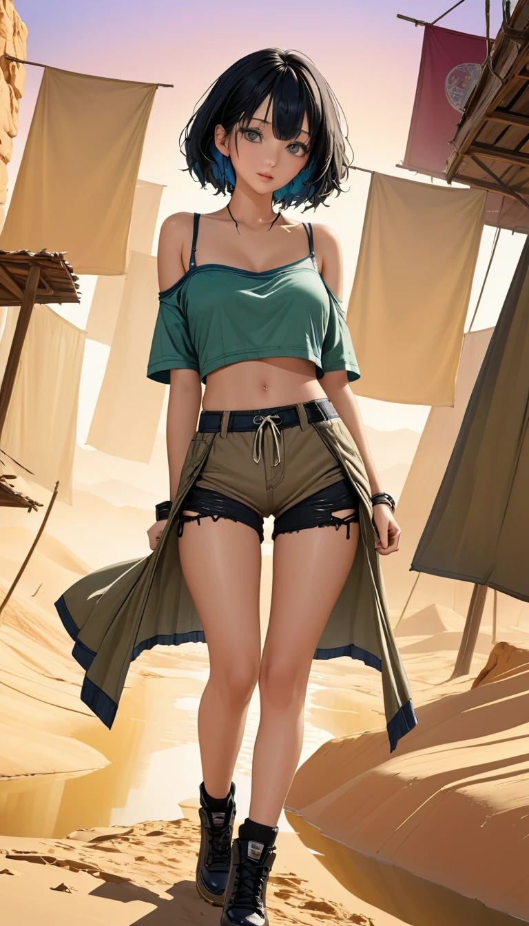 DIY16，best quality, 超HD, masterpieces, 8K, Practical, Anime style, 3D Rendering，masterpiece,need,lifelike，Bare lower abdomen，Sexy，bandage，Layering，Hollow，Full body image，Feral，Khaki washed distressed shorts，Black hair，Open shoulders，Layering，Long legs，，Wasteland Punk Style，desert，The details of wind and dust are complex，，HD，Photography Lighting，16K(Pond in the evening:1.2), (8K, best quality, masterpiece:1.2), (Ultra-high resolution:1.0), Extremely bright design, Soft colors, (ink:1.3), Autumn Lights, High Detail, dramatic, photoPractical painting art