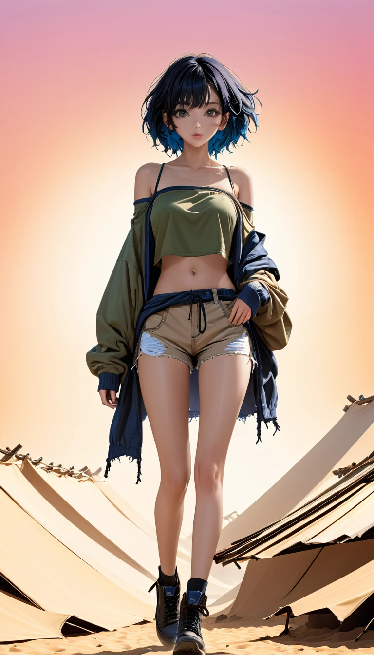 DIY16,best quality, 超HD, masterpieces, 8K, Practical, Anime style, 3D Rendering,masterpiece,need,lifelike,Bare lower abdomen,Sexy,bandage,Layering,Hollow,Full body image,Feral,Khaki washed distressed shorts,Black hair,Open shoulders,Layering,Long legs,,Wasteland Punk Style,desert,The details of wind and dust are complex,,HD,Photography Lighting,16K(Pond in the evening:1.2), (8K, best quality, masterpiece:1.2), (Ultra-high resolution:1.0), Extremely bright design, Soft colors, (ink:1.3), Autumn Lights, High Detail, dramatic, photoPractical painting art