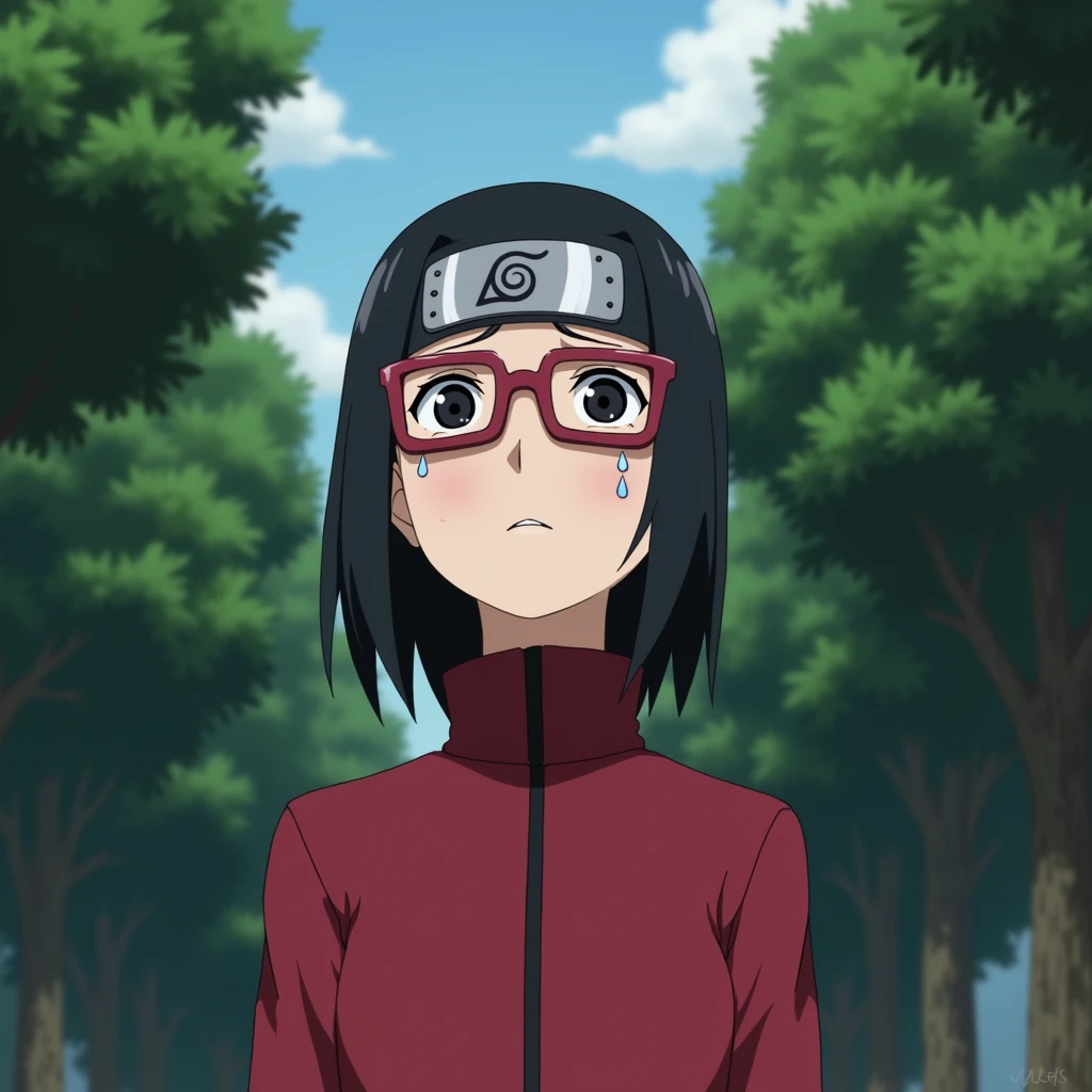 Sarada (a female character from boruto who has thin body, no boobs, a short hair neck with side parted hair and bangs swept aside, black eyes, wear headband konoha ninja on her forehead, red outfit with a collar that covers the neck, a middle slit from top to bottom of the outfit and visible arms, and using a red rectangular glasses) looking up to the sky while shedding tears, looking so sad and cry (please make the background daytime and see some trees around it)