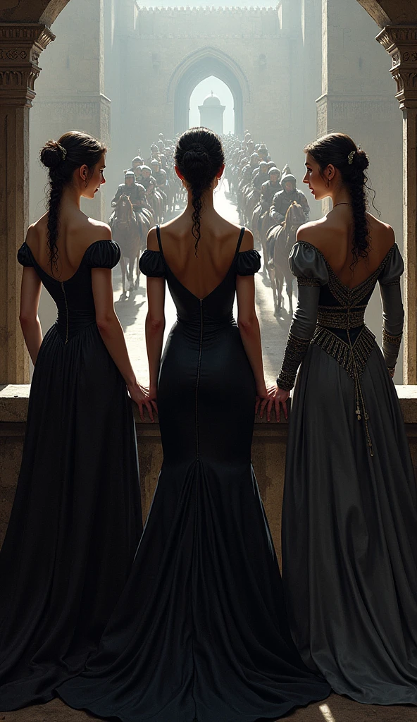 A realistic depiction of Lady Seraphina d’Aurelis standing on a castle balcony, accompanied by her ladies-in-waiting, as they watch Kael Valaran and the Iron Talon army march out from the city. Seraphina, dressed in an elegant dark sexy gown that reflects her sexual attractiveness and regal presence, gazes down at the departing army with a mix of pride and calculated intent. Her ladies-in-waiting, similarly dressed in fine attire, stand respectfully beside her, their expressions a blend of loyalty and subtle apprehension. The balcony overlooks the grand procession below, with Kael Valaran leading his troops on horseback, their armor gleaming in the dim light. The scene captures the moment of farewell, filled with tension and unspoken emotions. The art style is realistic, with a dark fantasy atmosphere, emphasizing the grandeur and complexity of the characters and their world.