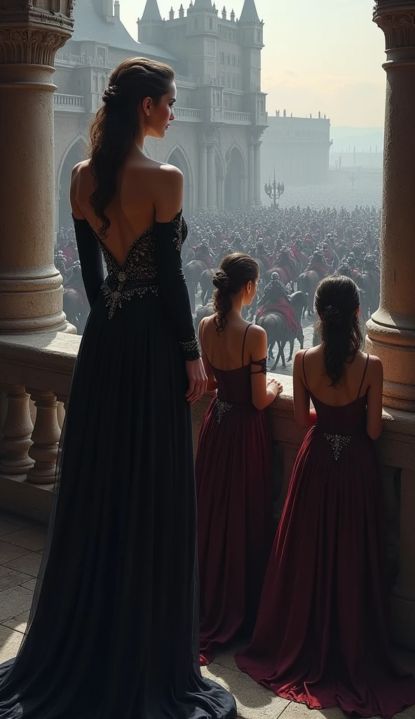 A realistic depiction of Lady Seraphina d’Aurelis standing on a castle balcony, accompanied by her ladies-in-waiting, as they watch Kael Valaran and the Iron Talon army march out from the city. Seraphina, dressed in an elegant dark sexy gown that reflects her sexual attractiveness and regal presence, gazes down at the departing army with a mix of pride and calculated intent. Her ladies-in-waiting, similarly dressed in fine attire, stand respectfully beside her, their expressions a blend of loyalty and subtle apprehension. The balcony overlooks the grand procession below, with Kael Valaran leading his troops on horseback, their armor gleaming in the dim light. The scene captures the moment of farewell, filled with tension and unspoken emotions. The art style is realistic, with a dark fantasy atmosphere, emphasizing the grandeur and complexity of the characters and their world.