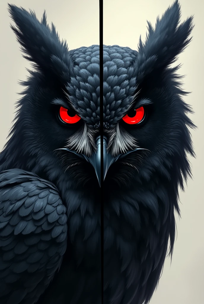 Black owl face with red eyes for a 4-part frame In vertical 