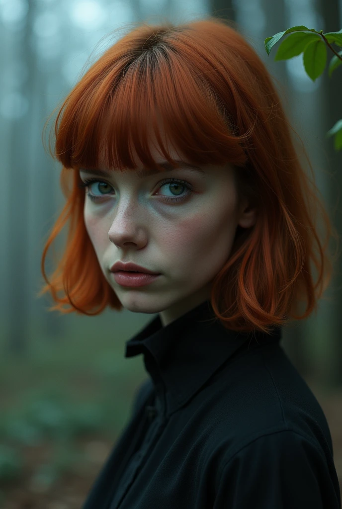 she's looking directly to the espectador, liminal dreamcore, en 1987, inquietante aesthetic, copper hair y cerquillo, she looks so fly