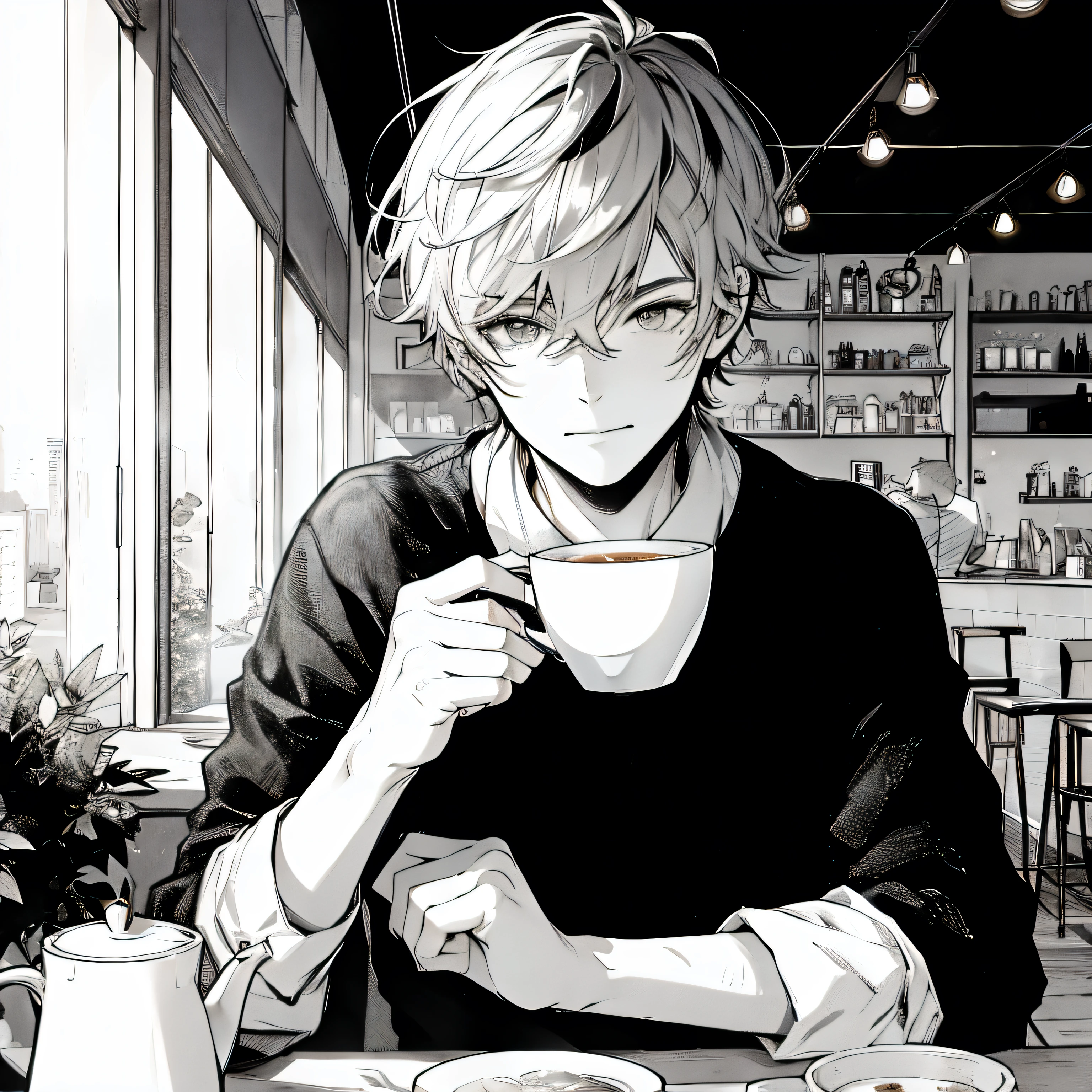 a young man drinking tea in a cafe , With color