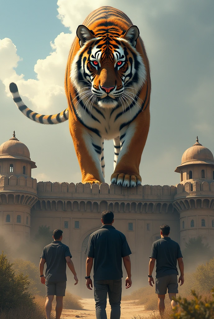 The tiger is standing on fort with red eyes man are coming to the tiger in hand black shirt tiger is unique 