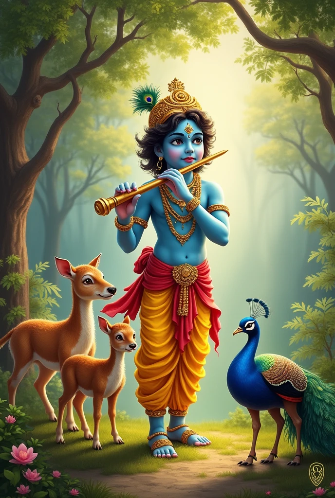 Lord Krishna playing with flute. Calf , peacock,deer around him