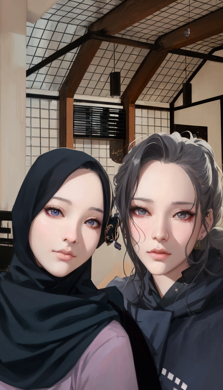 there are two people sitting , artwork in the style of guweiz, realism artstyle, realistic artstyle, high quality fanart, photorealistic!!!!!!! art style, kda and sam yang, realistic picture, realism art, cai xukun, realistic art, lovely couple, [ realistic photography ], official fanart, realistic background