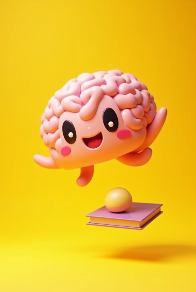 Cartoon Brain, yellow backdrop, floating, with a book