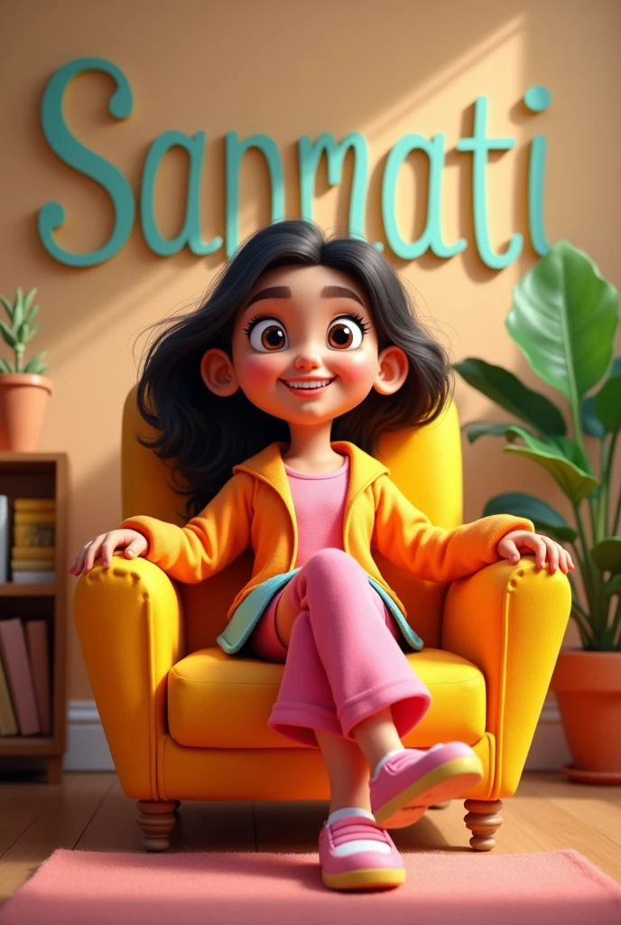 A gorgeous young happy cartoon lady sitting in a big chair and behind the wall written "Sanmati"
