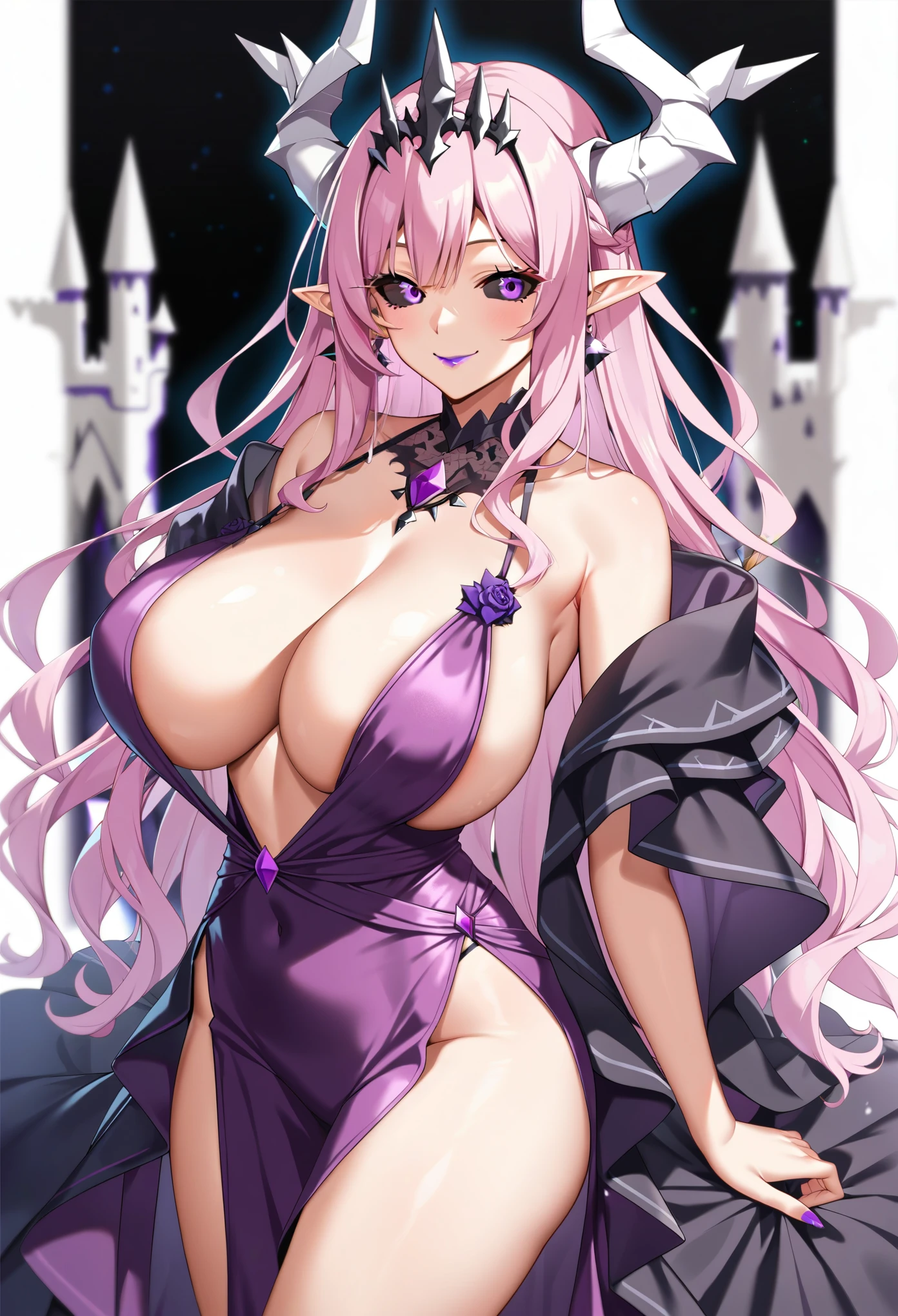 masterpiece, score_9, score_8_up, score_7_up, source_anime, high quality, extremely detailed, 1girl, milf, solo, Luxlia, (huge breasts:1.1), ((((pink hair), long hair, black sclera, purple eyes, pointy ears, horns))), purple lips, (((evening gown, plunging neckline dress))), ((yandere, naughty smile), closed mouth), ((ruined castle))