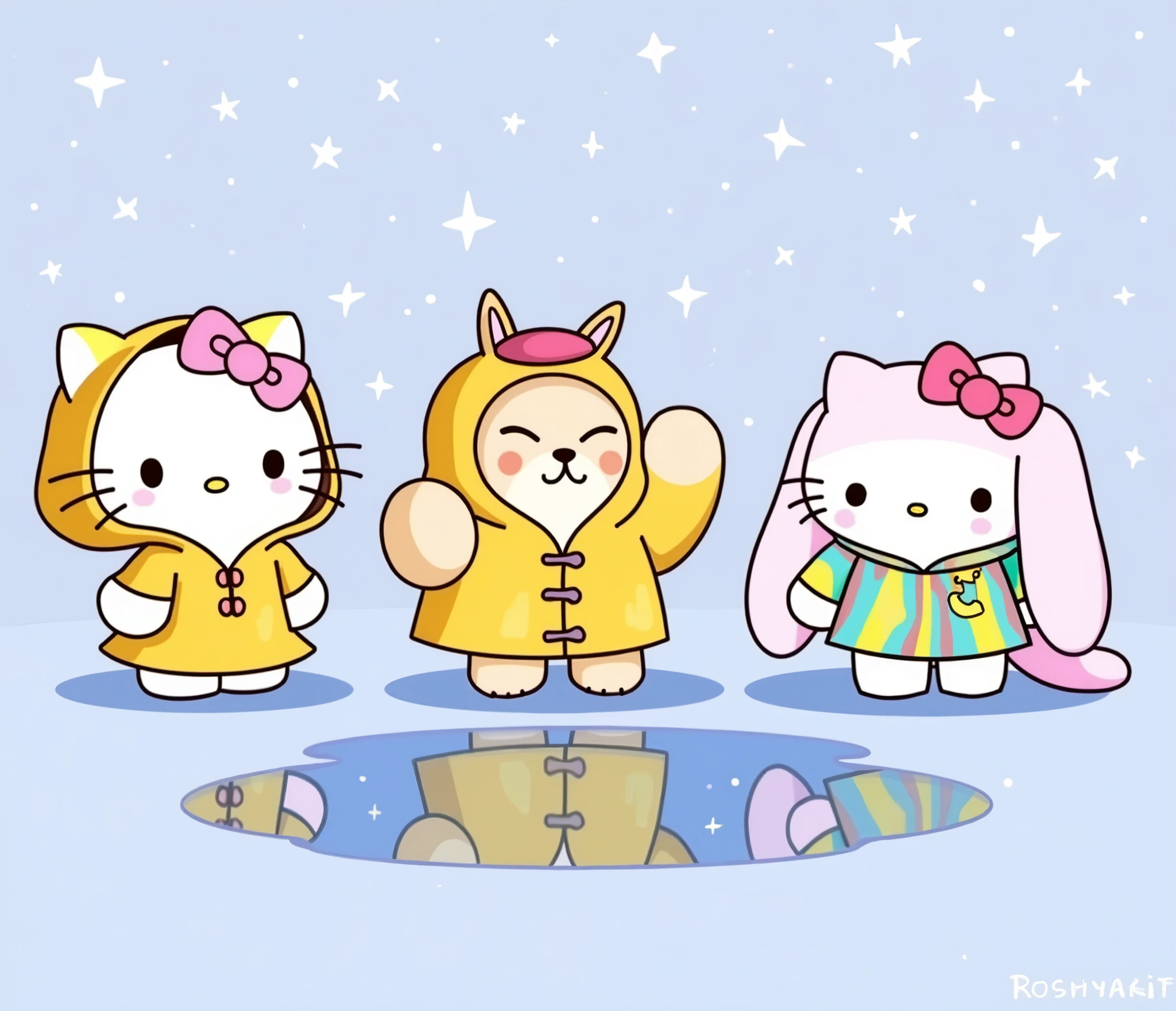 Create a blue background with little stars, and put hello kitty, Cinnamon roll and pochacco, with rain clothes reflecting in a puddle