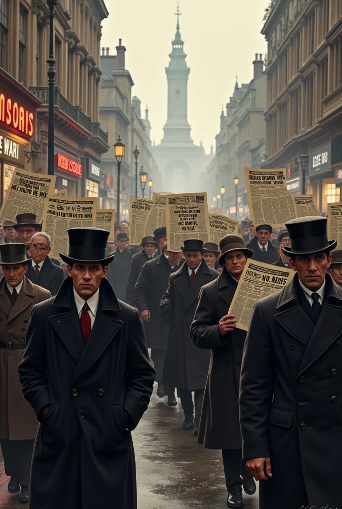 1912 London; Scared people walking around the city(masterpiece, best quality); newspapers((("war news on the way")))with war news!