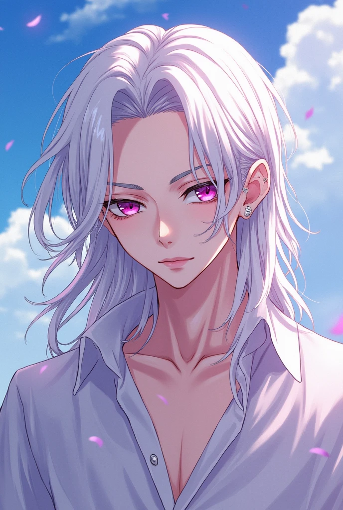 A BOY MALE GENDER,white hair,pink eyes,white eyelashes and eyebrows,with a calm, relaxed and calm expression,light skin tone,very beautiful,straight but long hair and violet highlights,that your appearance is more masculine ,all this in the drawing style of ONE PIECE