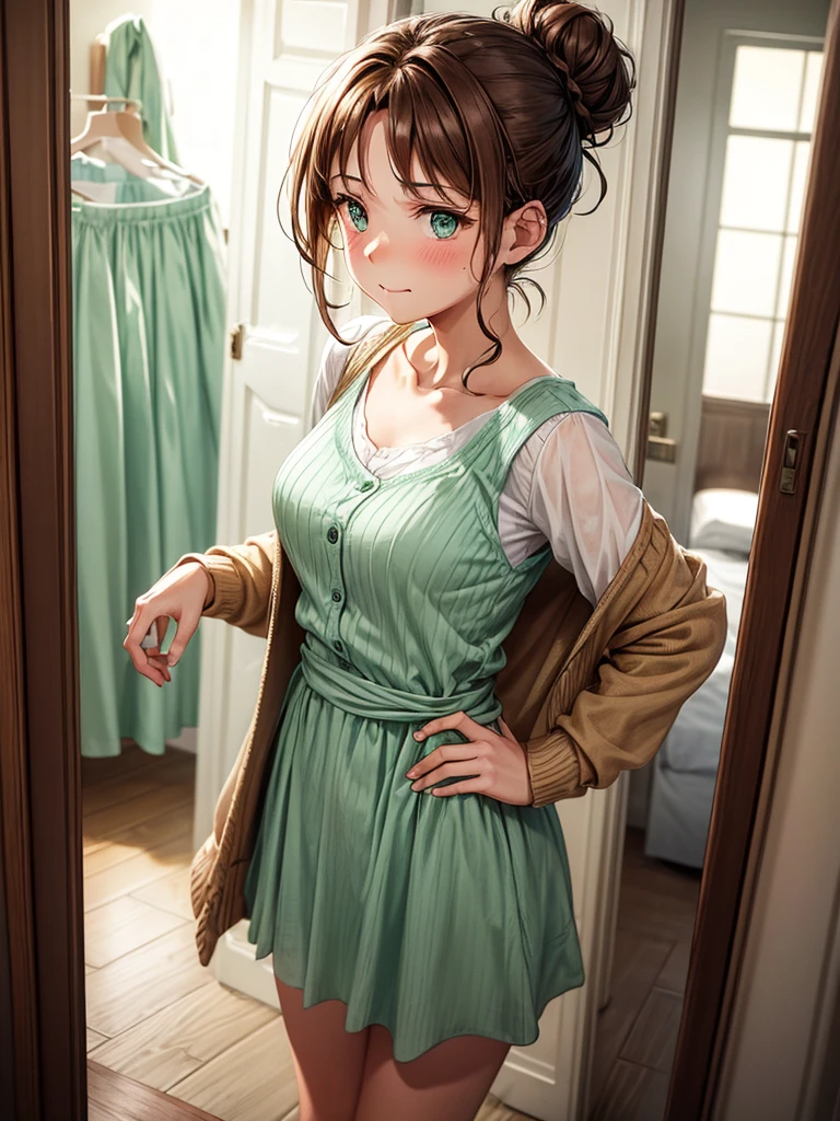 A woman with brown hair tied in a messy bun, wearing a mint green dress, covered with a waist-length cream cardigan, was standing in front of the bedroom door,with a blushing expression covering her mouth with the back of her hand.