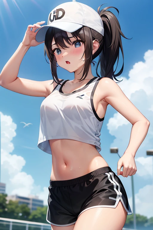 teenager,1 beautiful girl、(blush:0.6),Heavy breathing,Sports underwear、White tank top、Vertical belly button, Black dolphin shorts、running, ponytail、Sports Cap, Glowing Skin、Expressway