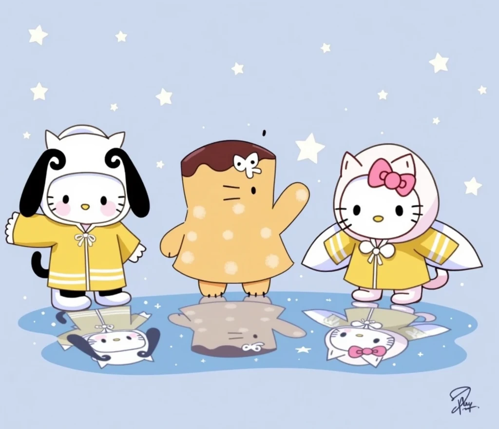 Create a blue background with little stars, and put hello kitty, Cinnamon roll and pochacco, with rain clothes reflecting in a puddle