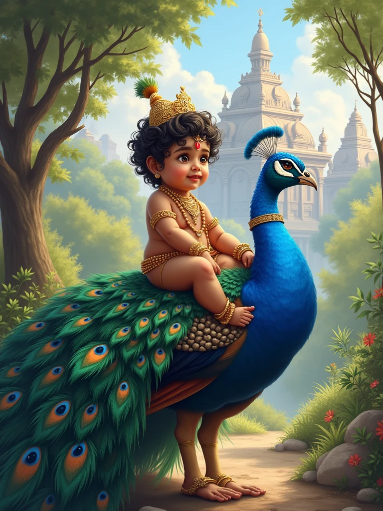  Krishna sitting in a peacock, background vibrant trees, Hindu temple