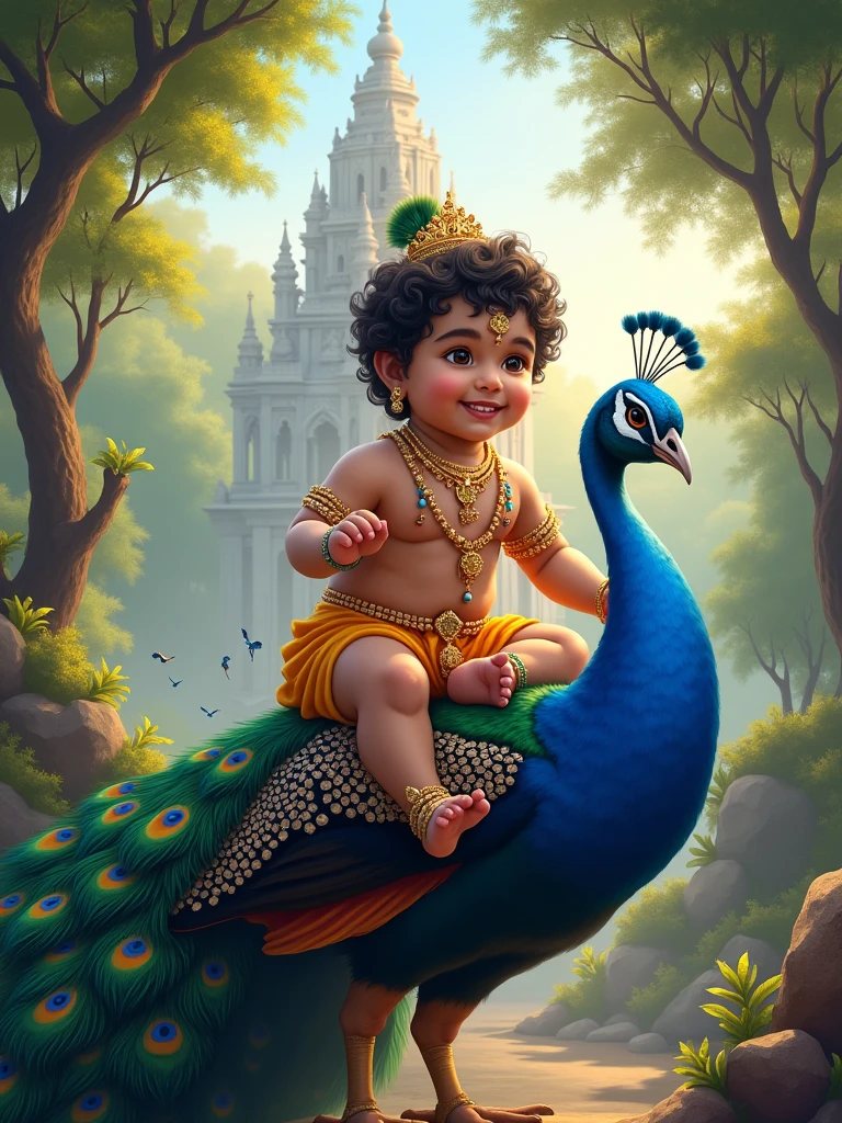 baby Krishna sitting in a peacock, background vibrant trees, Hindu temple