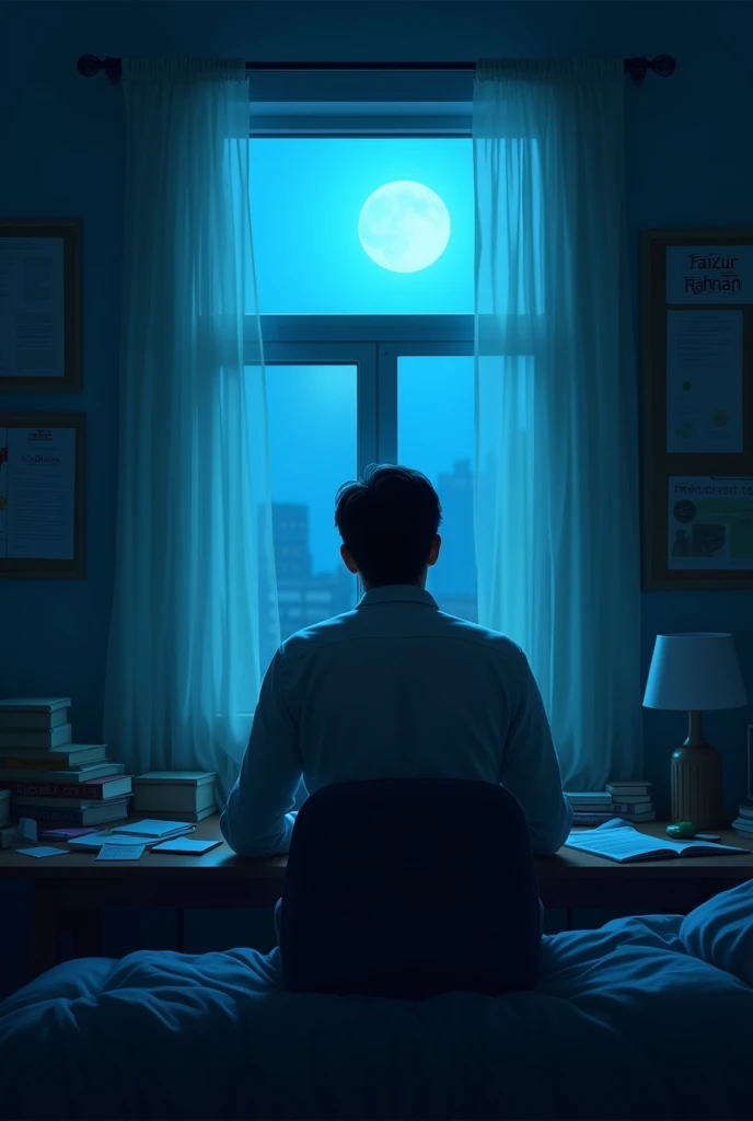 Bedroom, window light come from blue moon in room table with lot of books and notes notice board in the wall behind the table return no destruction only focus and adult man back side full shadow body shadow name written faizur Rahman in notice board clearly
