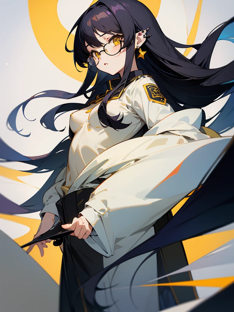 Long Hair、Beautiful girl with black hair and glasses、uniform、Look up at high places、Back view、Baby Face、Small breasts、Anime Style、cool、Piercing in one ear、Confused eyes、Yellow Eyes