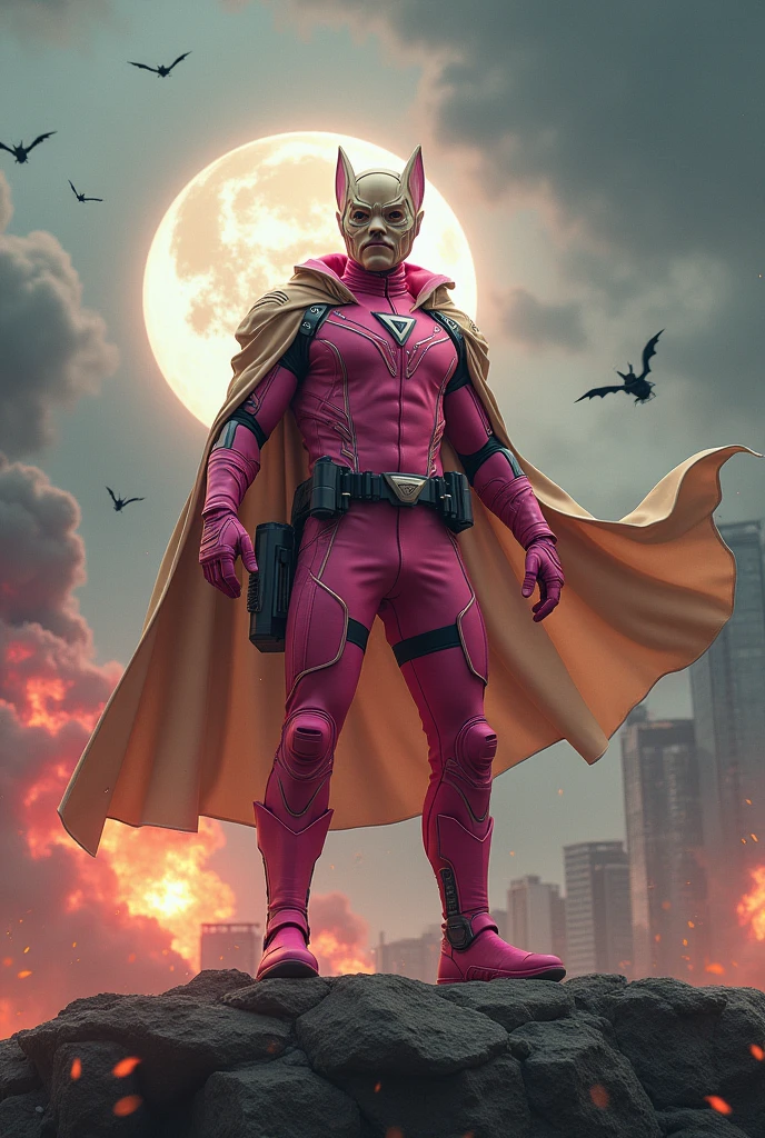 high-tech suit, vivid effects, malaysian superhero (KELUANG MAN) in a striking pink and beige costume cyberpunk design, mask small mini bat ear beige, daredevil biage mask, jumpsuit dark pink stands confidently in a dramatic.jumping from high place. Fighting pose , stormy landscape. ((Head covered node guard like batman. Running pose , athletic body type, small mini ear bat mask))The character wears domino mask a helmet with pointed mini torn ears and a flowing cape biege, open nose and mouth. Equipped with visible futuristic weapons on a belt,bullet proof jacket pink dark day.show fingers pose, dark night, big supermoon effect . Small logo on chest triangle shape small punisher logo center triangle cyber logo center on chest pink logo mini logo . rocky. Building top.smoke ground , bomb effect background, adding to --ar 3:4 --style raw --stylize 500 --v 6.1. chaos. Lot of small flying bat