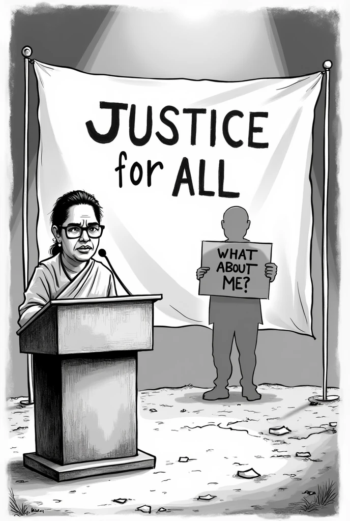Draw a black and white cartoon of  actual Mamata Banerjee standing at a podium giving a speech, behind her a large banner that reads "Justice for All." However, in the background, there's a shadowy figure representing the Kolkata rape case, which is being ignored or sidelined by her, holding a sign that says “What about me?” This contrasts the official rhetoric with the reality of justice delayed or denied. The cartoon could aim to highlight the disparity between words and actions, calling attention to the urgency of addressing sexual violence
