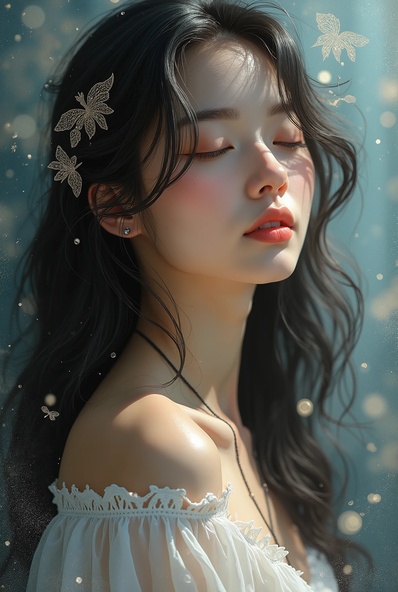 (Profile, Delicate, Pursuit of Beauty, Young and Cute Woman, Long Nostalgic Hair, Closed Eyes, Masterpiece), Iridescent Background, (Fusion of Realistic and Illustrated Elements: 1.2, Zentangle: 1.2), (Top Quality, Fine Details, Masterpiece, Official Art, Lighting Effects, 4K, Chiaroscuro)