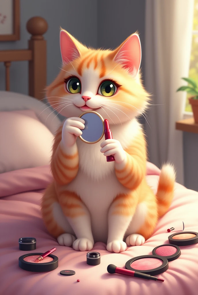 There is a cat. She is sitting on the bed. She has a mirror in her hand and a lipstick and there is makeup around her. She is makeup herself. 