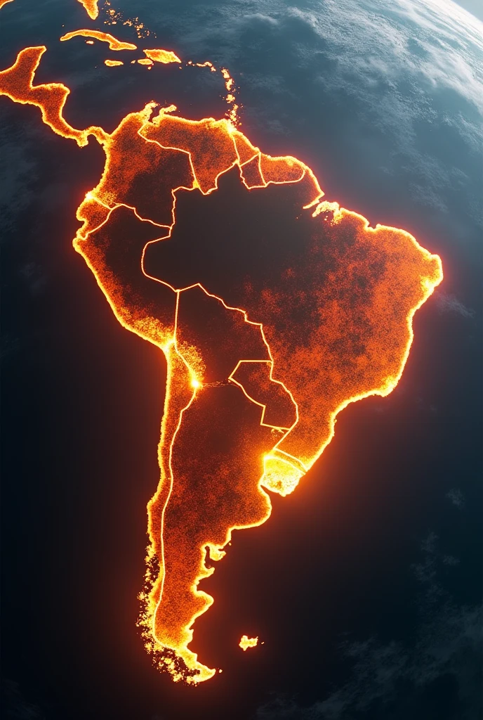Generate an image of the nation Brazil in flames seen by a satellite 