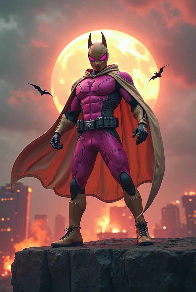 high-tech suit, vivid effects, malaysian superhero (KELUANG MAN) in a striking pink and beige costume cyberpunk design, mask small mini bat ear beige, daredevil biage mask, jumpsuit dark pink stands confidently in a dramatic, stormy landscape. ((Head covered node guard like batman , athletic body type, small mini ear bat mask))The character wears domino mask a helmet with pointed mini torn ears and a flowing cape biege, open nose and mouth. Equipped with visible futuristic weapons on a belt,bullet proof jacket pink dark day, dark night, big supermoon effect .logo on chest triangle shape small punisher logo center triangle cyber logo center on chest pink logo mini logo , beige boots. rocky. Building top. , adding to --ar 3:4 --style raw --stylize 500 --v 6.1
