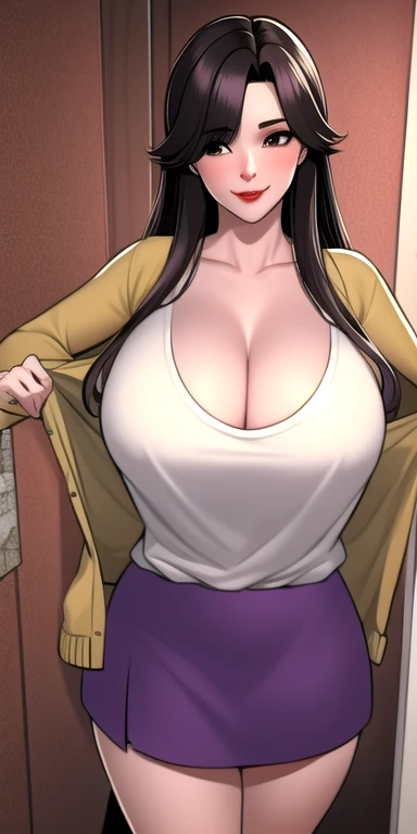 masterpiece:1.5, Highest quality:1.5, beautiful, One girl, alone, Side Lock, ((Upper Body)), View your viewers, Cinema Lighting, Sharp focus,Huge breasts , Mature Woman, Excited ,16K, Glowing Eyes, Detailed 4K Eyes,
playground,lure,Sexy lips, Lips parted,Detailed lips,
Red lips,From below, Detailed Background,Brown eyes, Glowing Skin, 
Meredith,Zombie Retreat,Meredith_ZR2_v2,,  Purple Skirt,Realistic, 3d,(Anime Style),
Swept-apart bangs,,
whole body, From above, Cowboy Shot, Long Hair, Long skirt,Shirt to skirt, Yellow cardigan, (Open cardigan), Long Hair,  Curvy,clavicle, Parted bangs,
Detailed bathroom,Captivating smile, Excited face,Black Hair, Cleavage, 
