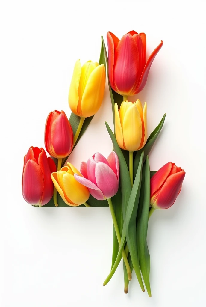Show me a picture of several tulips forming the number 4 with a white background