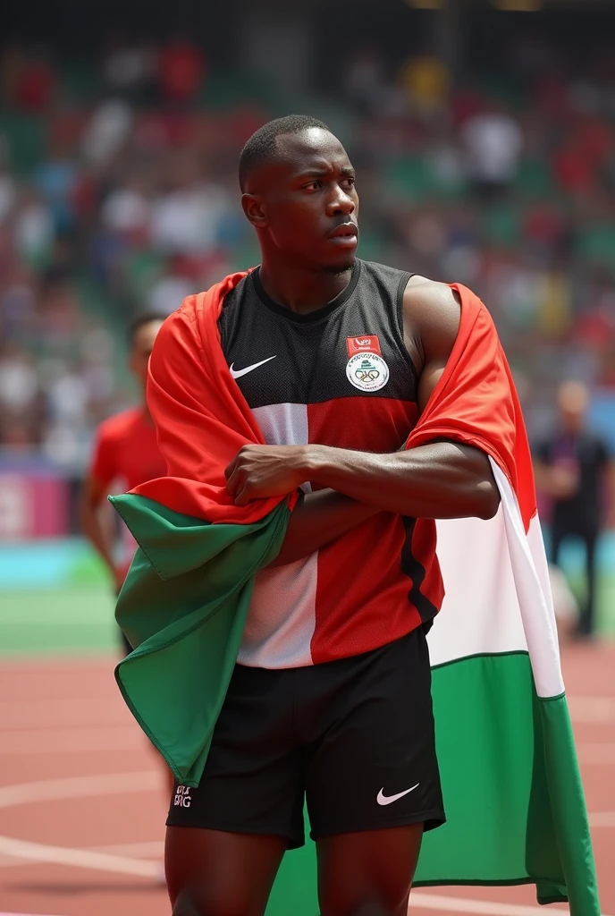 Athlete Nakang with the Refugee Olympic Team hugs a flag with the Olympic logo