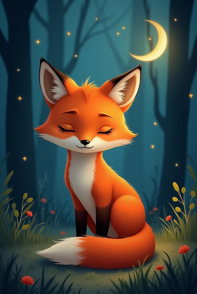 a red fox,Get ready to go home and sleep,Expression full of sleepiness,sleep symbol on head,Background night forest