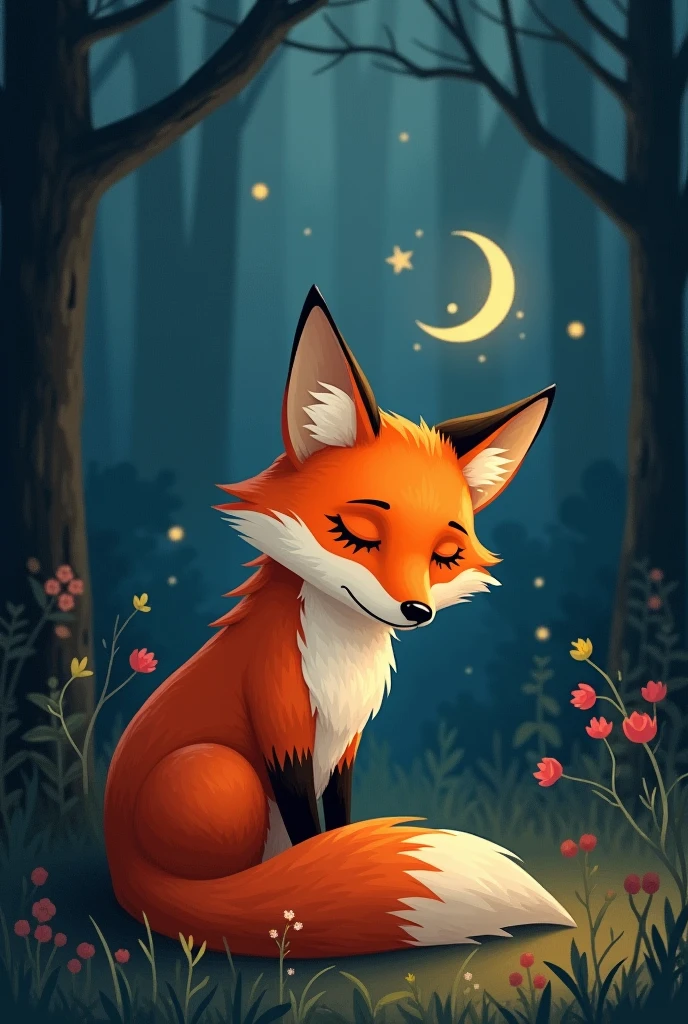 a red fox,Get ready to go home and sleep,Expression full of sleepiness,sleep symbol on head,Background night forest
