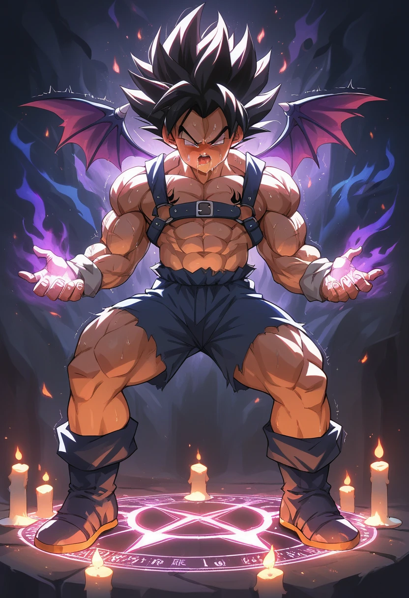 Huge muscles,Crying face,Lots of drool and sweat,Harness,Young face,teenager face,Huge erect penis,Full body image,Young body,Muscular legs,Wearing boots,Large, toned muscles,Goku,super saiyan,Imminent sexual activity,Demon body, wings and horns,Shaking violently,Group Sex,Obscene tattoos,Fantastic magic circle,Lots of ceremonial candles,Flickering flames,Combat start,Ekiben,Massive ,Engulfed in purple flames,The letter M on his forehead