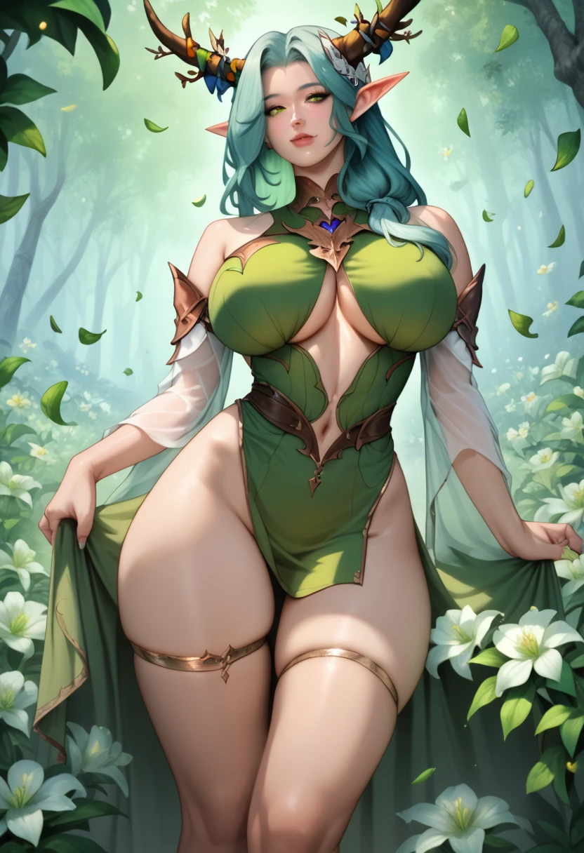 (photorealism:1.2), beautiful elf woman, hentai anime digital art, green hair, brown horns with flowers, detailed face, she is fully covered, wearing fantasy elf clothing, green leaves for a flowing gown, huge breasts, slim waist, thigh thighs, background of a elf magical forest